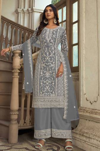 Grey embroidery & sequins work net straight palazzo suit - semi-stitched