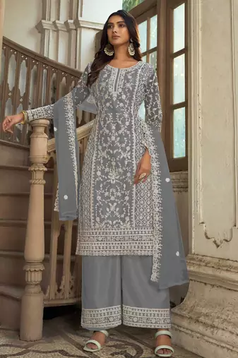 Grey embroidery & sequins work net straight palazzo suit - semi-stitched