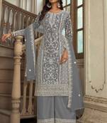 Grey embroidery & sequins work net straight palazzo suit - semi-stitched