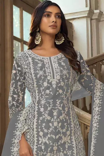 Grey embroidery & sequins work net straight palazzo suit - semi-stitched