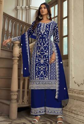 Blue embroidery & sequins work net straight palazzo suit - semi-stitched 1
