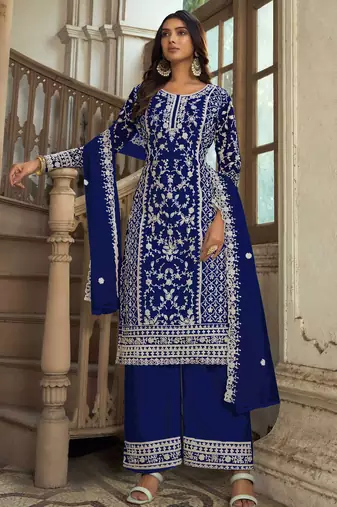 Blue embroidery & sequins work net straight palazzo suit - semi-stitched