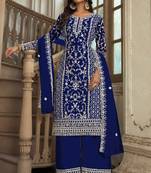 Blue embroidery & sequins work net straight palazzo suit - semi-stitched