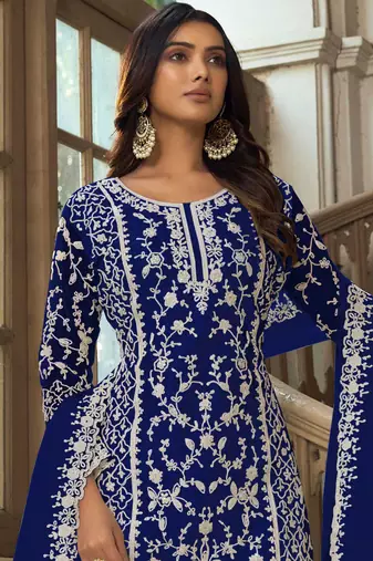 Blue embroidery & sequins work net straight palazzo suit - semi-stitched