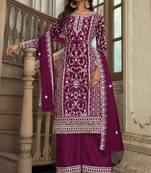 Purple embroidery & sequins work net straight palazzo suit - semi-stitched