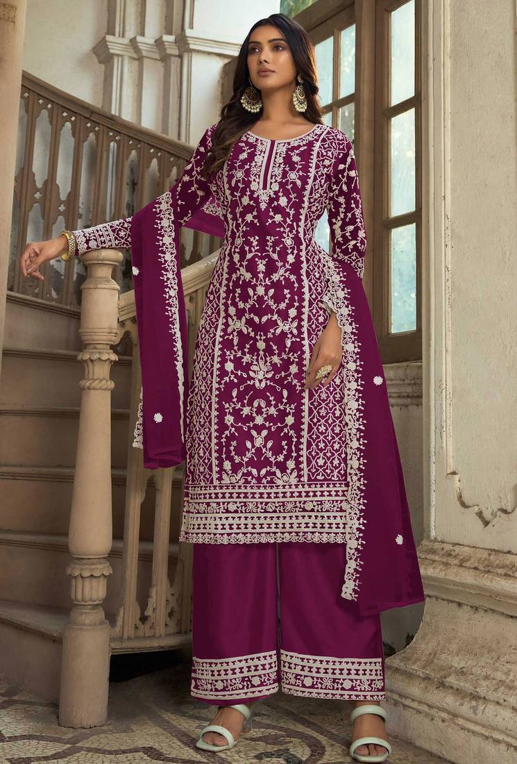 Purple embroidery & sequins work net straight palazzo suit - semi-stitched