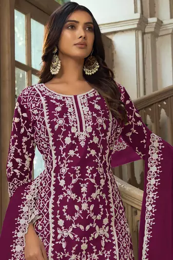 Purple embroidery & sequins work net straight palazzo suit - semi-stitched