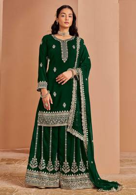 Green embroidery & sequins work georgette straight palazzo suit - semi-stitched 1