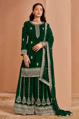 Green embroidery & sequins work georgette straight palazzo suit - semi-stitched
