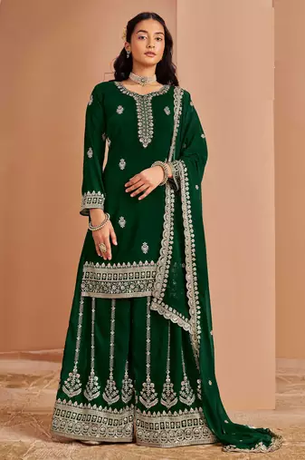 Green embroidery & sequins work georgette straight palazzo suit - semi-stitched