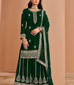 Green embroidery & sequins work georgette straight palazzo suit - semi-stitched