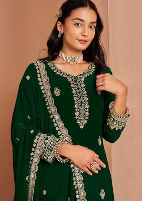 Green embroidery & sequins work georgette straight palazzo suit - semi-stitched 2