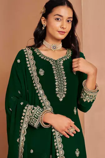 Green embroidery & sequins work georgette straight palazzo suit - semi-stitched