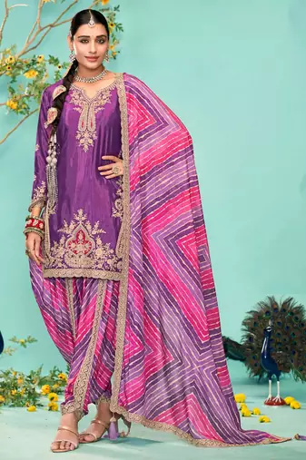Purple embroidery, sequins & digital print work chinnon straight dhoti suit - free size stitching (size upto 42")