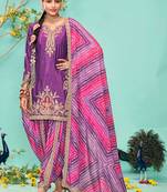 Purple embroidery sequins & digital print work chinnon straight dhoti suit - free size(size upto 42")