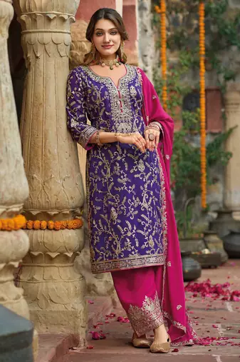Purple embroidery, sequins & mirror work chinnon straight pant suit - free size stitching (size upto 42")