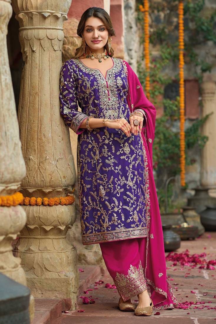 Purple embroidery, sequins & mirror work chinnon straight pant suit - free size stitching (size upto 42")