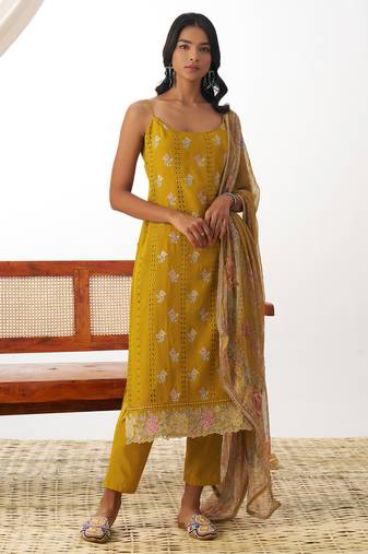 Mustard embroidery thraed, stone & printed dupatta work organza straight pant suit - free size stitching (size upto 42")