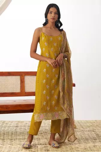 Mustard embroidery thraed, stone & printed dupatta work organza straight pant suit - free size stitching (size upto 42")