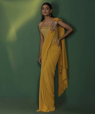 Yellow Plain Lycra Saree 1