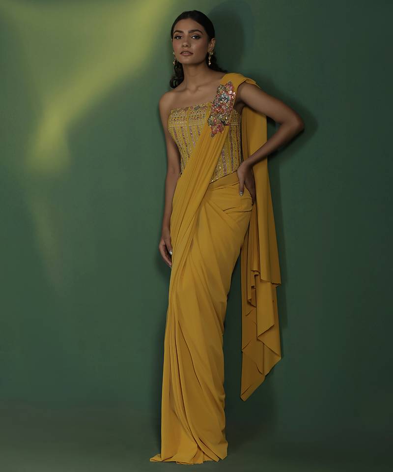 Yellow Plain Lycra Saree