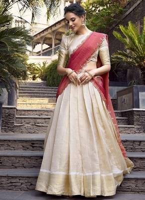 Off-white Onam Style Jacquard Zari Weaving Lehenga Choli 1
