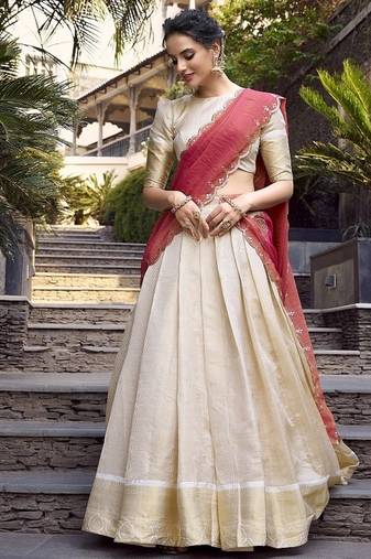 Off-white Onam Style Jacquard Zari Weaving Lehenga Choli
