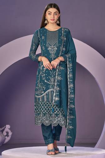 Teal Embroidered faux georgette semi stitched salwar suit