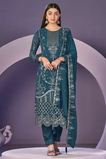 Teal Embroidered faux georgette semi stitched salwar suit