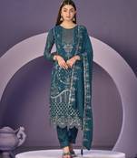 Teal Embroidered faux georgette semi stitched salwar suit