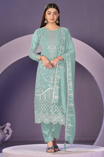 Mint purple color embroideried faux georgette semi stitched salwar suit
