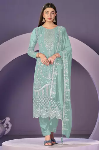 Mint purple color embroideried faux georgette semi stitched salwar suit