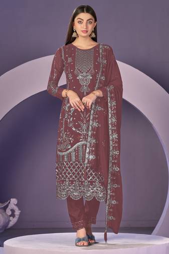 dark-coral embroidered faux georgette semi stitched salwar suit