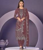 dark-coral embroidered faux georgette semi stitched salwar suit