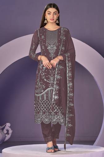 dark-burgundy embroidered faux georgette semi stitched salwar suit