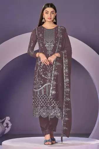 dark-burgundy embroidered faux georgette semi stitched salwar suit