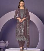 dark-burgundy embroidered faux georgette semi stitched salwar suit