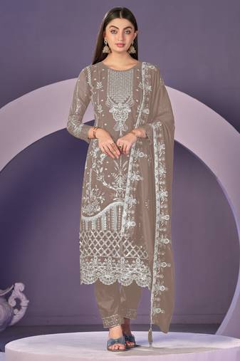 Chiku color embroidered faux georgette semi stitched salwar suit