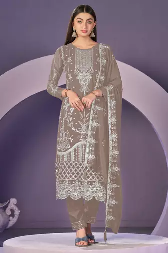 Chiku color embroidered faux georgette semi stitched salwar suit