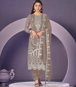 Chiku color embroidered faux georgette semi stitched salwar suit