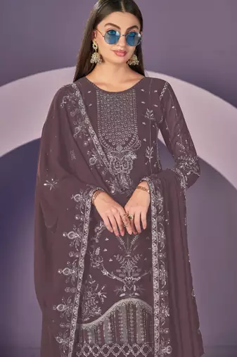 dark-burgundy embroidered faux georgette salwar suit