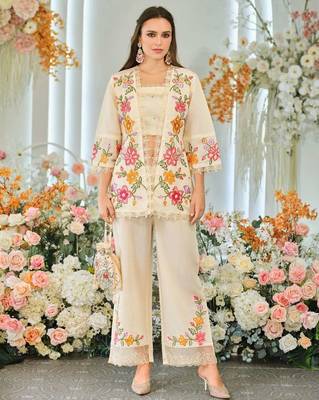 Cream indowestern crop top, jacket and palazzo set 1