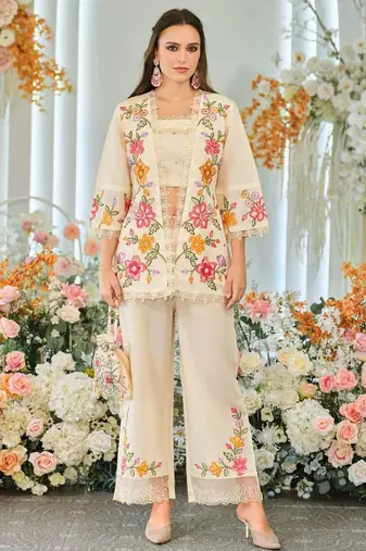 Cream indowestern crop top, jacket and palazzo set