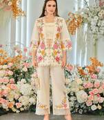 Cream indowestern crop top, jacket and palazzo set