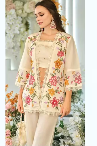 Cream indowestern crop top, jacket and palazzo set
