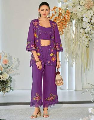 Dark purple indowestern crop top, jacket and palazzo set 1