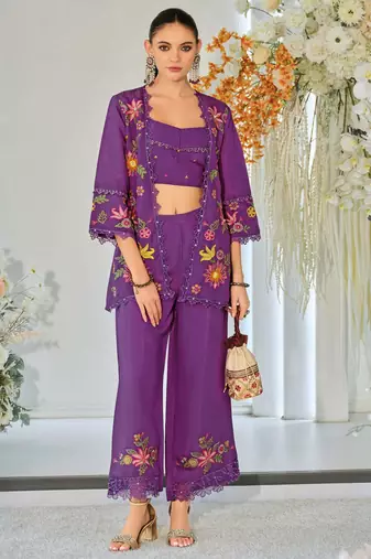 Dark purple indowestern crop top, jacket and palazzo set