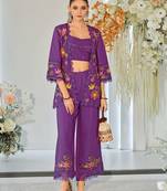Dark purple indowestern crop top, jacket and palazzo set