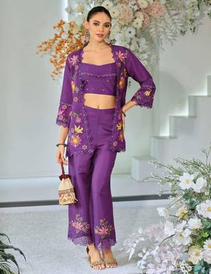 Dark purple indowestern crop top, jacket and palazzo set 2