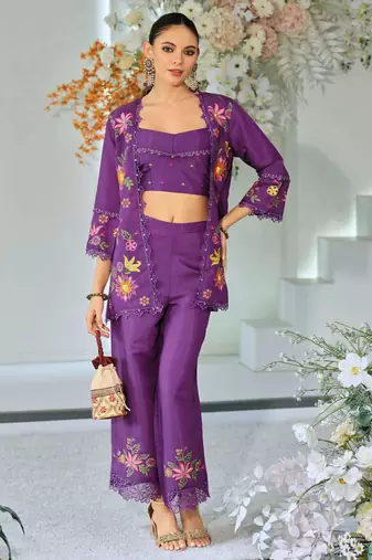 Dark purple indowestern crop top, jacket and palazzo set